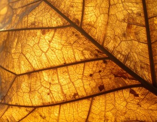 Obraz premium Bright Yellow Autumn Leaf Macro Texture with Detailed Veins