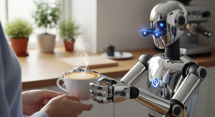 A robot serving a cup of coffee to a person in a domestic setting, highlighting the integration of technology into daily life