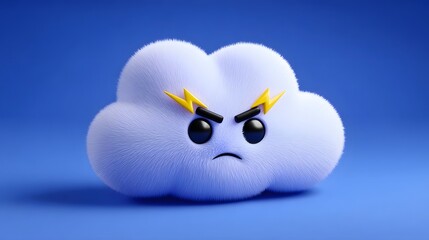 A fluffy, white cloud-shaped character with a furrowed brow and pointed, yellow lightning bolt eyes, expressing an angry or displeased emotion against a vibrant blue background.