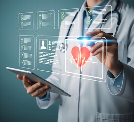 Doctor using futuristic holographic interface to analyze brain scan data and patient information on a tablet