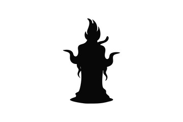 Mysterious figure with flowing robes and tentacle like appendages depicted as a stark black silhouette against a white background evoking a sense of the unknown and supernatural silhouette