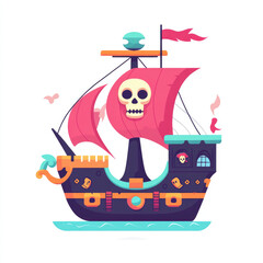 Fototapeta premium vibrant pirate ship with skull emblem and colorful sails, sailing on calm waters. design features playful elements, making it appealing for children and adventurous themes