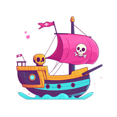 Obraz premium vibrant pirate ship with skull and crossbones flag, featuring colorful design and playful elements. This whimsical vessel sails on gentle sea, evoking adventure and fun
