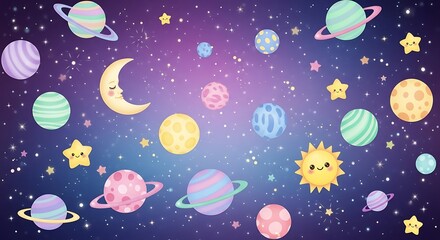 Cute Cartoon Space Background with Planets, Moon, Sun, and Stars for Kids