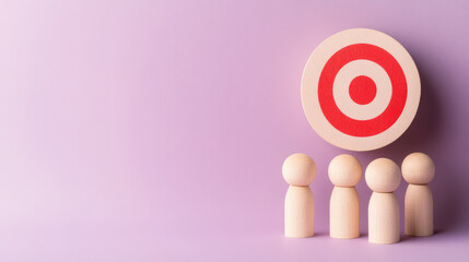Target symbol above wooden figures representing teamwork and focus. This conveys concept of collaboration and goal oriented strategies in modern setting