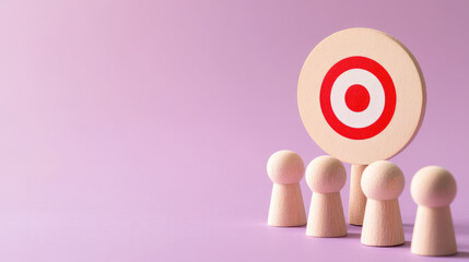 Target symbol with wooden figures on pink background, representing focus and goals. This conveys concept of aiming for success and teamwork