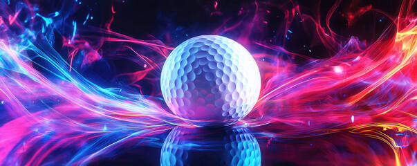 vibrant golf ball surrounded by colorful swirling lights creates dynamic and energetic scene. bright colors and ions evoke excitement and movement, perfect for sports enthusiasts
