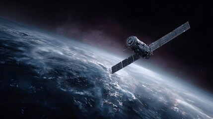 A detailed satellite with solar panels orbits planet Earth in the vastness of outer space