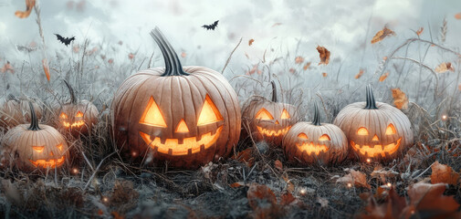 Spooky pumpkins glowing in misty field with autumn leaves and bats. eerie captures essence of Halloween night
