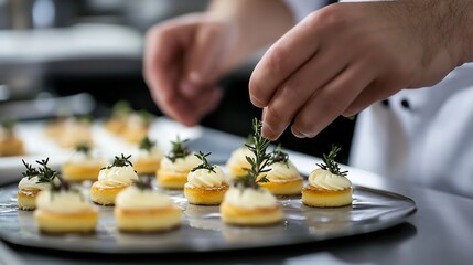 Chef Garnishing Mini Yellow Canaps with Thyme on Black Plate