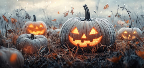 Spooky Halloween pumpkins glow in misty field, surrounded by autumn leaves. eerie captures essence of season, perfect for festive celebrations