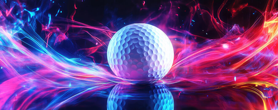 vibrant golf ball surrounded by colorful swirling lights creates dynamic and energetic scene. bright colors and ions evoke excitement and movement, perfect for sports enthusiasts