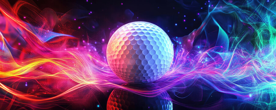 vibrant golf ball surrounded by colorful, swirling light trails creates dynamic and energetic scene. interplay of colors adds excitement and visual interest to composition