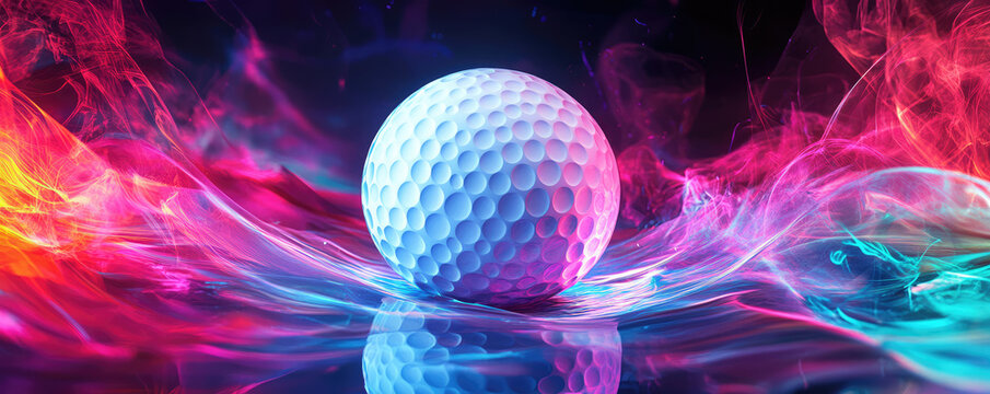 golf ball surrounded by vibrant colors and swirling patterns, creating dynamic and energetic scene. bright hues and motion evoke excitement and passion for sport