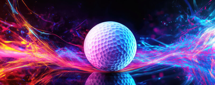 golf ball illuminated by vibrant colors and dynamic light trails creates energetic scene. glowing background ball texture and design, making it visually striking