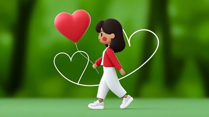 A cheerful and carefree young girl carrying a vibrant red heart-shaped balloon while walking through a lush, verdant field.