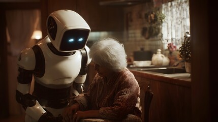 A modern robot provides assistance and companionship to an elderly woman in a warm cozy home environment