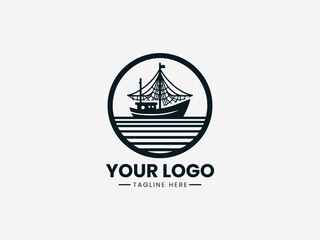 Obraz premium Traditional historic sailing boat vector logo with detailed sails and wooden hull for maritime museum