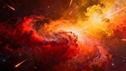 Obraz premium An abstract background featuring colorful nebulae in shades of red, orange, and yellow. The nebulae swirl and blend into each other, with glowing light streaks cutting through the dark.