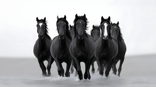 A majestic herd of powerful, untamed black horses galloping across the open landscape, showcasing their grace, speed, and unbridled energy.