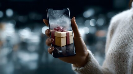 A hand holding a smartphone displays a virtual 3D gift box with falling snow suggesting modern online shopping and experiences