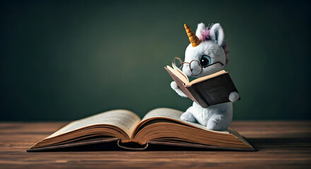 Bookworm Unicorn with tiny glasses and a book