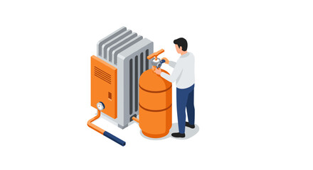 Isometric worker refilling gas heater on white background