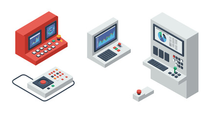 Isometric control panels with graphs and buttons for technology interfaces