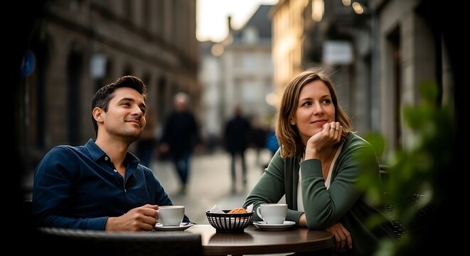 Couple enjoying coffee at an outdoor cafe in Europe. - Powered by Adobe