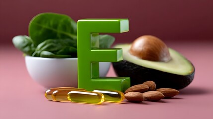 A close-up view of an avocado, green leaves, and various nutritional supplements like vitamin capsules and oils on a vibrant pink background, showcasing a healthy, natural and balanced lifestyle.