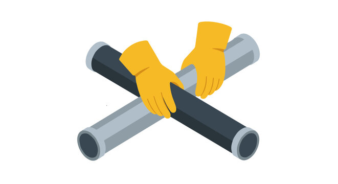 Gloved hands fixing pipes in flat design for plumbing concept