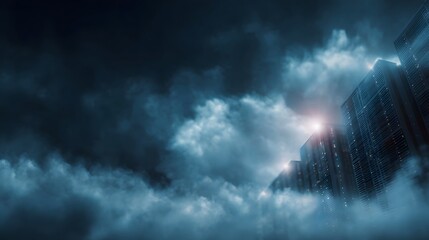 Futuristic server towers emerge from dense clouds illuminated by ethereal lights