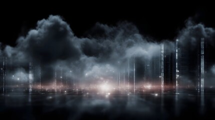 A futuristic digital cityscape emerges from dark clouds illuminated by glowing data lines and reflections