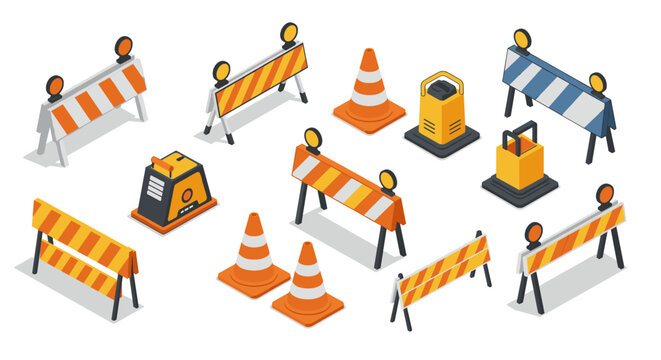 Isometric construction barriers and safety cones for traffic control