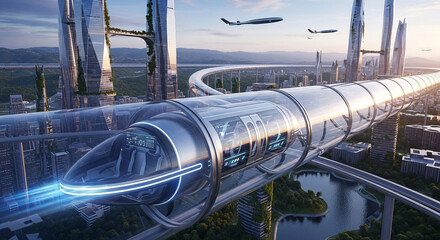 Futuristic hyperloop transportation system in a city with advanced architecture and technology, showcasing the future of travel and urban planning