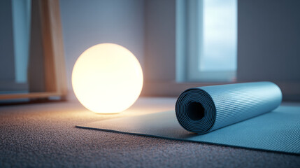 A yoga mat rolled into a glowing sphere on white surface