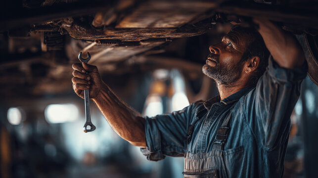 Auto mechanic working under a vehicle using a wrench tool for repair.