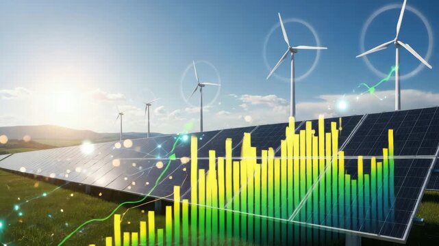 Solar panels and wind turbines on a field with a rising graph overlayed on the image in the daytime