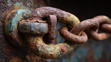 Close-up of corroded chain and shackle aboard a cargo ship