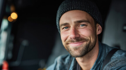 Confident young male truck driver smiling during long-haul transport job