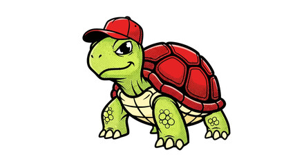 Cool Cartoon Turtle Character with Red Baseball Cap Isolated on White Background
