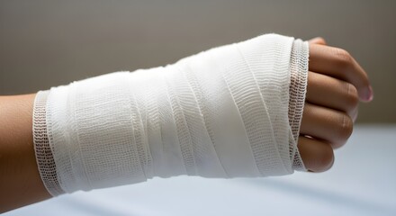 Close-up photo of patient’s hand wrapped in clean white medical bandage, sharp detail, natural lighting, clinical background, realistic healthcare and recovery stock image.