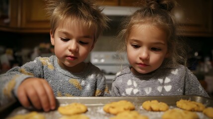 Two young children focused on a tray of homemade cookies in a warm kitchen