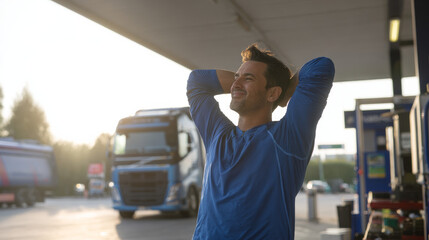 Driver stretching muscles after a long journey at a fuel station coffee stop
