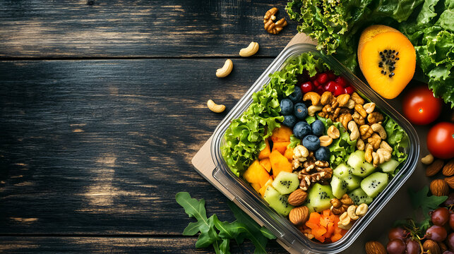 A to-go box filled with salad, nuts, and fruit sits on a wooden table, featuring a Go Vegan message.