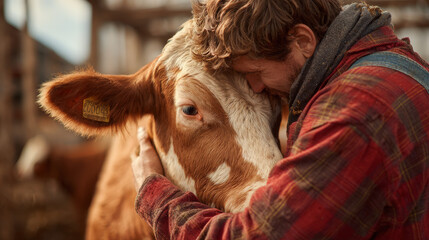 Farm worker embracing a cow to show care for livestock well-being