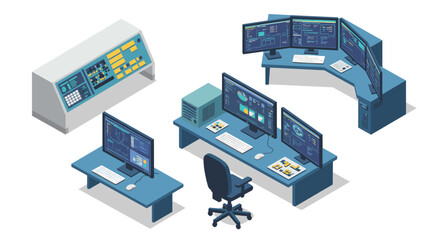 Obraz premium Isometric control room setup with computer monitors and desks