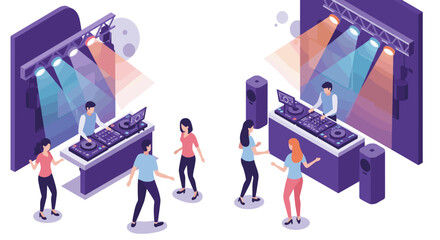Isometric dj party scene with colorful lights and dancing crowd