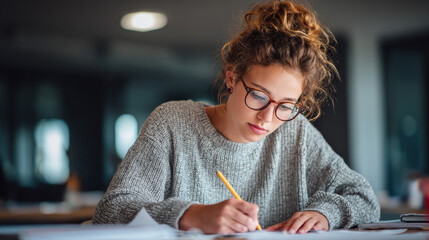 Female teacher grading exam papers and writing feedback for students