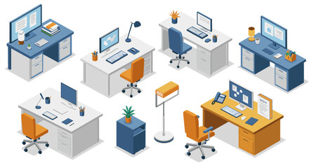 Isometric office desks with modern chairs and accessories in various arrangements